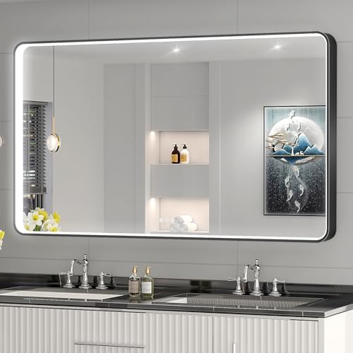 LED Mirror for Bathroom 55X32 Inch Black Framed by Oerbasz