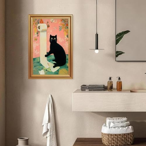 ICHZUMW Gold Framed Funny Black Cat Toilet Paper Canvas Wall Art, 16x24 In - Image 3