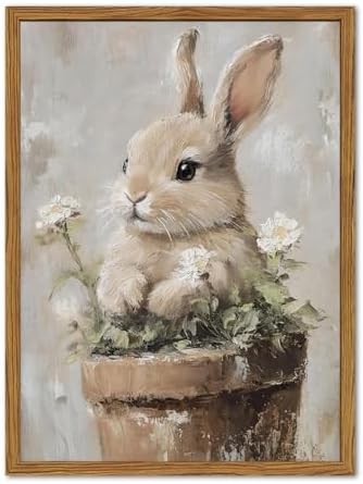Framed Vintage Easter Bunny Wall Art, Cute Cottagecore Rabbit Floral Pictures by Unknown