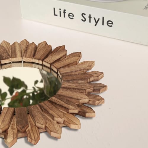 LOSOUR Wall Decor 12 inch Rustic Round Wood Mirror Decorative Boho Sunburst - Image 2