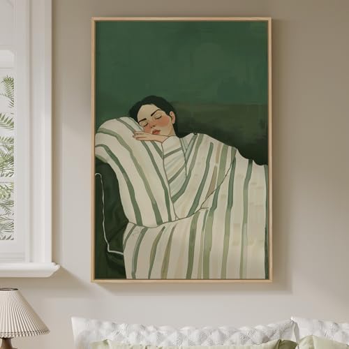 Large Framed Cozy Woman Green Calming Wall Art Dorm Bedroom, 24x36 Inch by Cuspin
