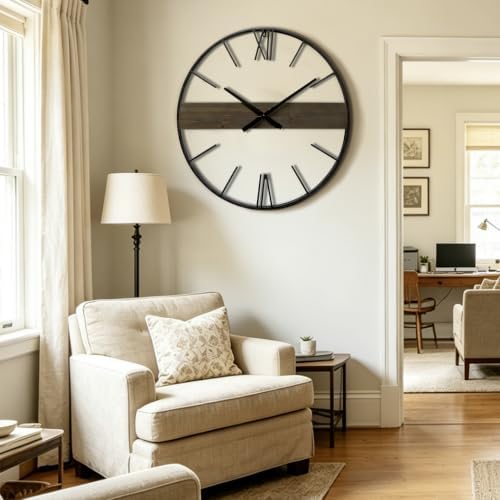 30 Inch Large Modern Wall Clock Oversized Rustic Wood Metal Frame Silent - Image 6