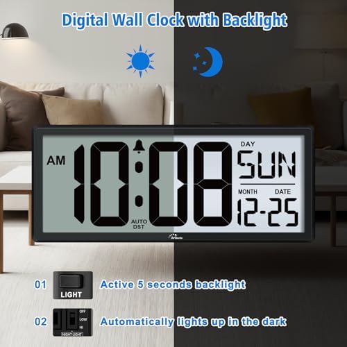 WallarGe 14.5'' Backlight Digital Wall Clock Battery Operated - Image 2