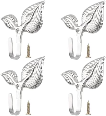 Set of 4 Vintage Leaf Wall Hooks Silver Metal Coat Hooks Heavy Duty Decorative by Unknown