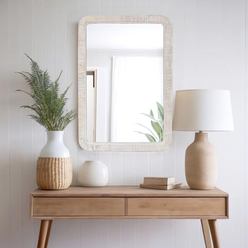 FUIN 20" x 30" Rattan Wicker Rectangle Wall Mounted Bathroom Mirror - Image 6