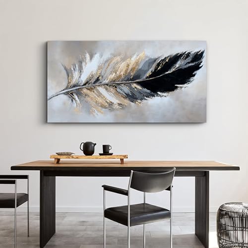 YISXINOAG Black Gold Abstract Wall Art Minimalist Feather Canvas 20"X40" - Image 6