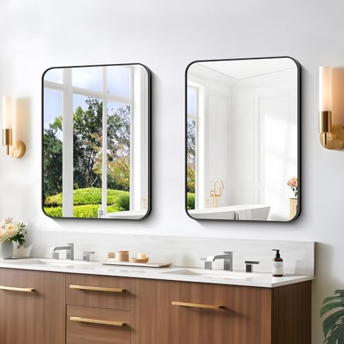 Bathroom Mirror, 18 x 24 inch Metal Framed Black Rectangle Mirror, Rounded - Image 3