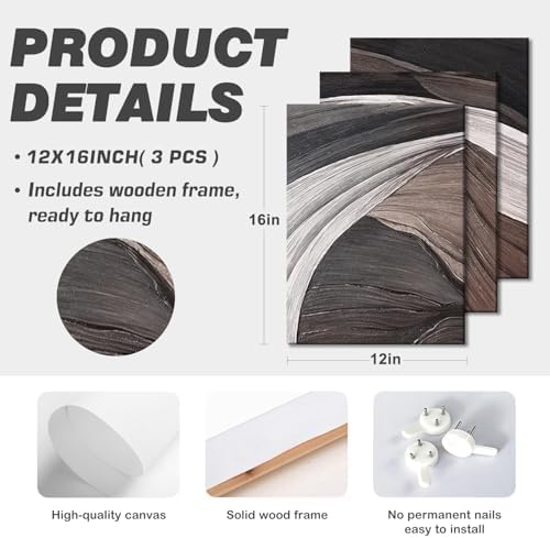 LYYGLYY 3Pcs Framed Brown and Black Canvas Wall Art 12x16 Inches - Image 6