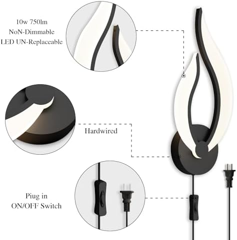 Modern LED Wall Lamps for Bedrooms Set of 2 Black Plug in Wall Light Fixtures - Image 6
