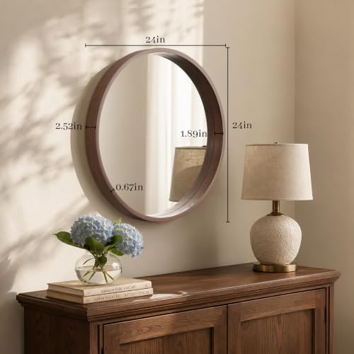 WallBeyond 24 Inch Round Wood Mirror, Circle Wooden Frame Wall Mirror - Image 5