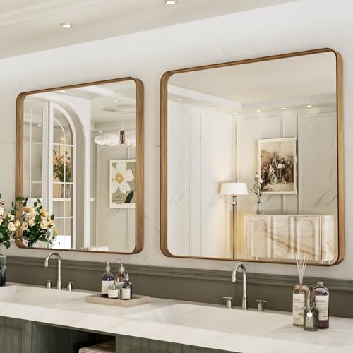 LOAAO 30X30 Bathroom Mirror, Wood Grain Colored Metal Frame - Image 3