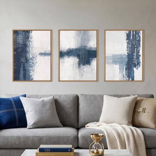 Abstract Navy Blue Grey Framed Canvas Wall Art Set, Modern Minimalist Wall Decor by Unknown