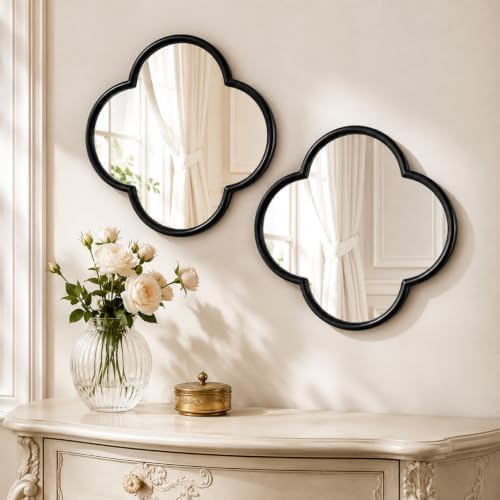 2 PCS Clover Mirror Wall Decor, Metal Framed Glass Mirror Tiles, Lucky Four by OPULINEA