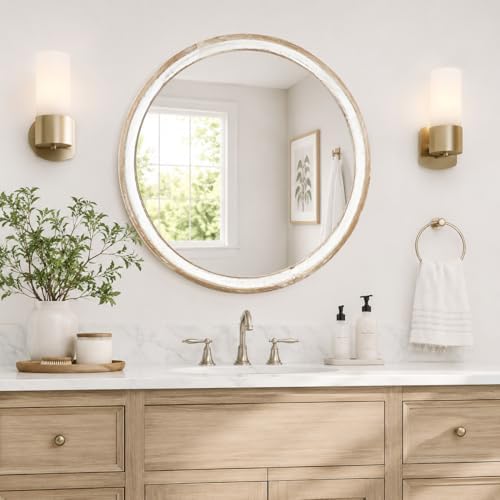 24 Inch Whitewashed Round Wood Mirror, Rustic Farmhouse Wall Mirrors - Image 2