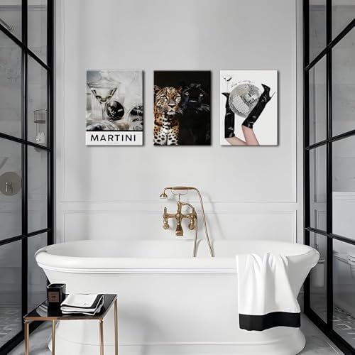 Framed Trendy Leopard Canvas Wall Art Set of 3, Funky Martini Cheetah Pictures - Image 4