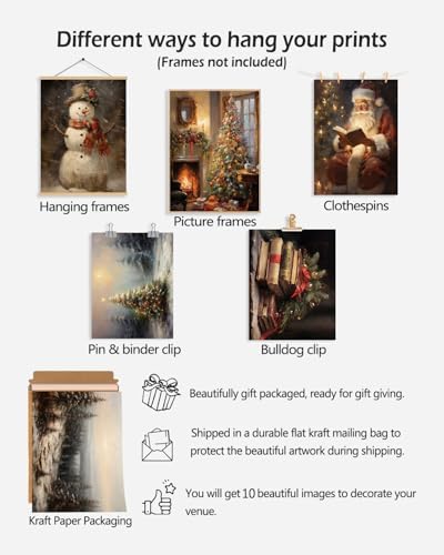 KBKBART Christmas Wall Art Prints Set of 10 Rustic Xmas Wall Decor Unframed - Image 3