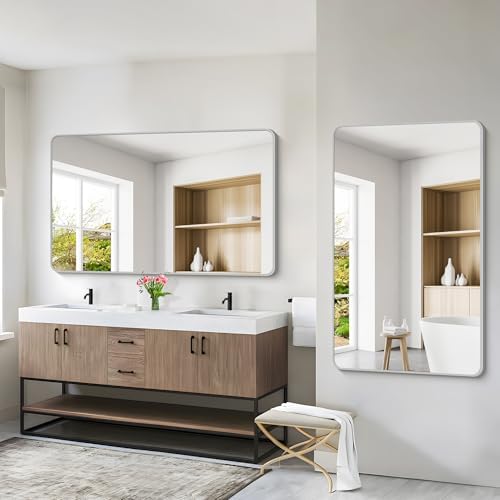55x36 Inch Silver Bathroom Mirror, Large Rectangular Vanity Mirror, Metal - Image 4