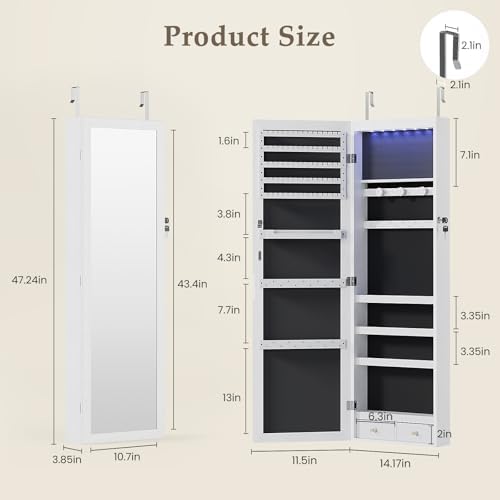 DUMOS 6 LEDs Mirror Jewelry Cabinet, Wall or Door Mounted Jewelry Organizer - Image 2