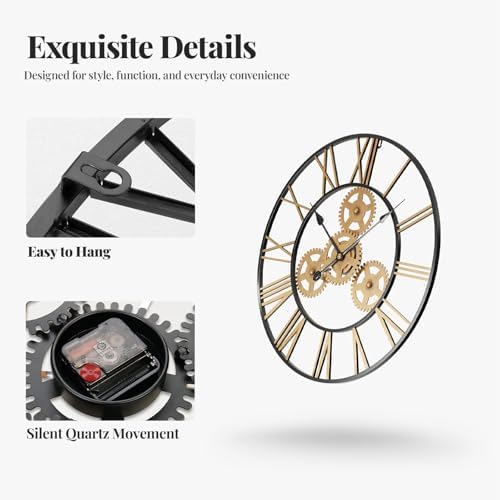 Cuspin 24 Inch Wall Clock Black Gold Industrial Metal Gear Decorative Clock - Image 5
