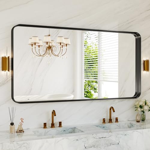 60X30 Inch Black Metal Large Matte Vanity Framed Bathroom Mirror - Image 3