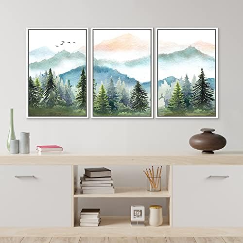 MUDECOR Framed Canvas Print Wall Art Set Watercolor Pastel Mountain Range Pine - Image 4