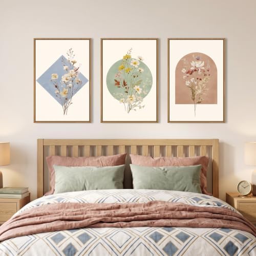 Boho Neutral Wildflower Framed Canvas Wall Art Set-16"x24"x3 - Image 4