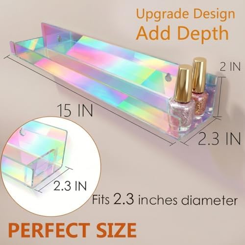 4 Pack 15 Inch Iridescent Acrylic Floating Wall Shelves, Rainbow Shelves - Image 2