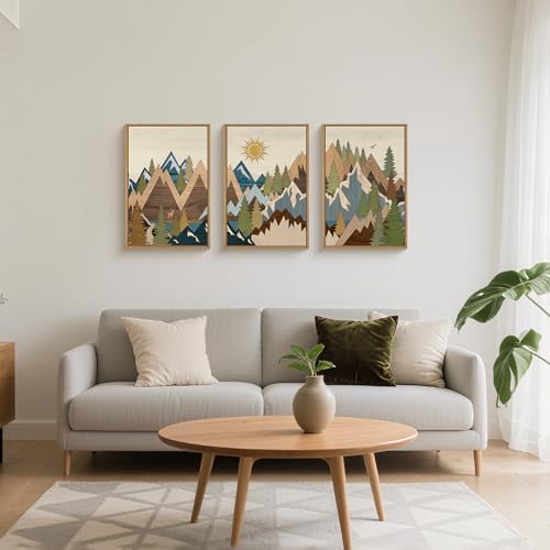FWIEXA Large Mountain Canvas Wall Art Set Woodcut, Sunrise Pine Tree Framed - Image 6