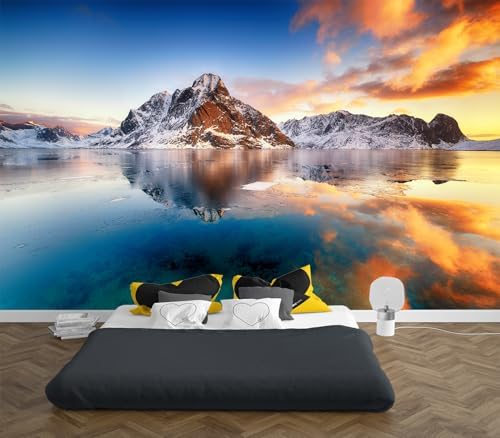 Stunning Snowy Mountain Lake Sun Reflection Wallpaper Peel Stick - Image 3
