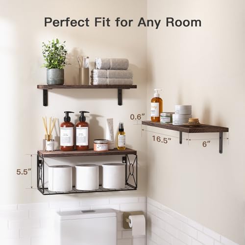 Amada Bathroom Shelves with Storage Basket, Rustic Brown - Image 3
