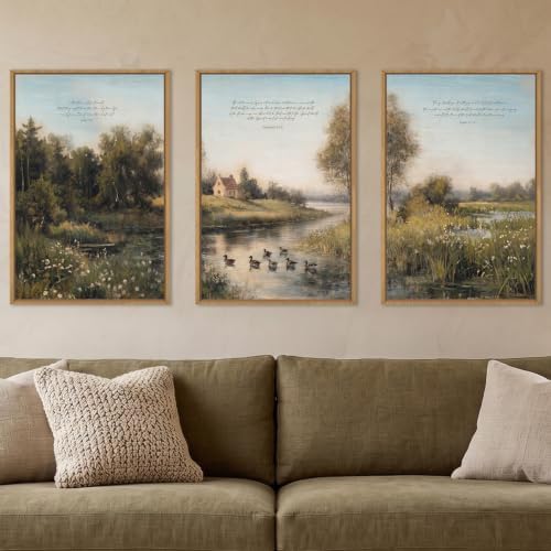 Vintage Sage Green Landscape Framed Canvas Wall Art Set, Christian Religious - Image 2