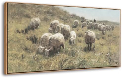 Farmhouse Framed Wall Art, Vintage Sheep on the Dunes Picture, 20x40 Inch by DJSYLIFE