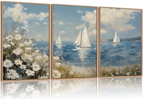 FWIEXA Coastal Wildflower Canvas Wall Art Framed, Ocean Sailboats Pictures Wall by FWIEXA