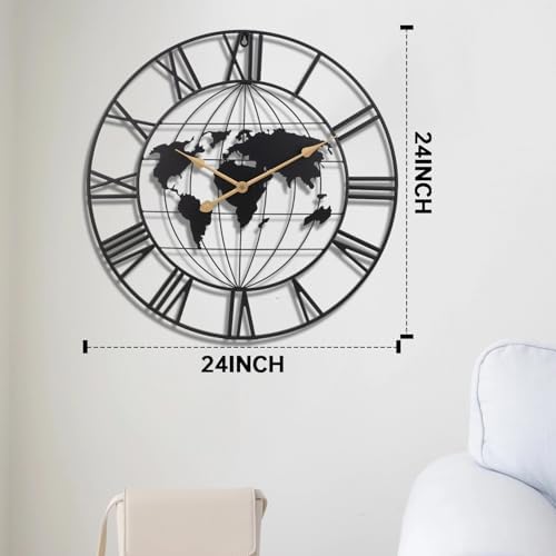 SIN&MI Large World Map Wall Clock, Metal Minimalist Modern Clock, Round - Image 3