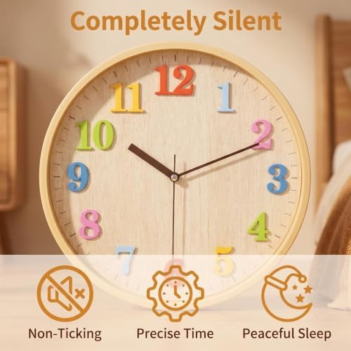 Topkey 12" Wooden Look Wall Clock Silent Non-Ticking 3D Numbers Colorful - Image 3