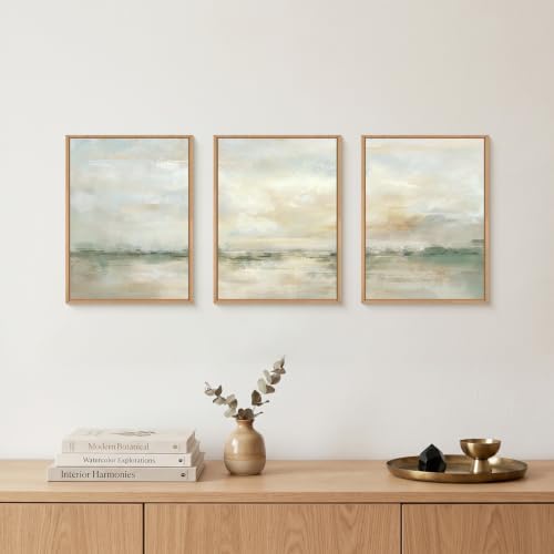 LHIUEM Abstract Green Gray Pastel Framed Canvas Wall Art, Neutral Landscape - Image 4