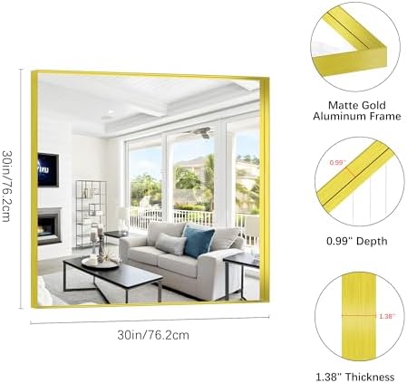 Gold Bathroom Mirror, 30x30 Inch Rectangular Framed Mirror, Large Wall Mounted - Image 3