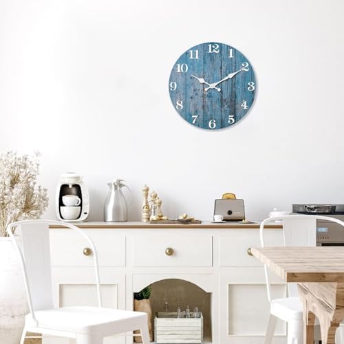 XFM Blue Farmhouse Wooden Wall Clock Battery Operated Silent - Image 4