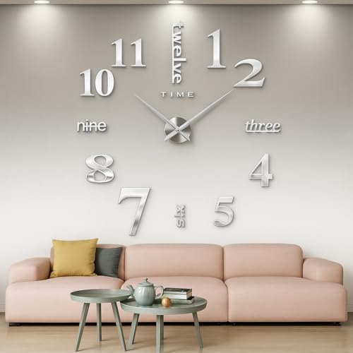 Large DIY 3D Frameless Silver Wall Clock – Oversized Modern Decor by CoZroom