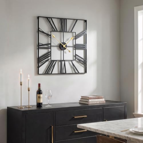 Cuspin 24 Inch Square Wall Clock, Large Black Metal Roman Numeral Clock - Image 2
