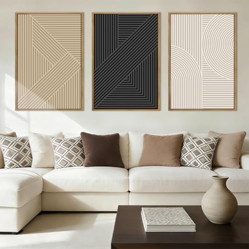 Large Neutral Abstract Wall Art Decor Framed Mid Century Modern Canvas - Image 4