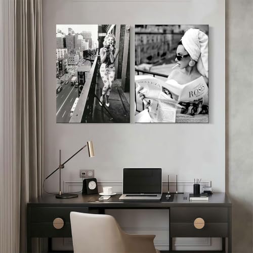 2pcs Framed Black and White Wall Art Women Reading Newspaper Poster, Funny - Image 2