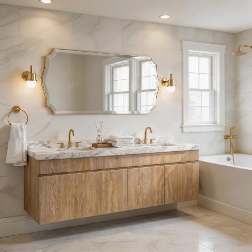 POZINO 60"x30" Premium Large Brushed Gold Scalloped Beveled Bathroom Mirror by POZINOmirrorforyourownhomelivingspace