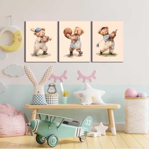 Teddy Bear Sports Nursery Animal Canvas Wall Art Cute Woodland Rugby Wall Decor - Image 4