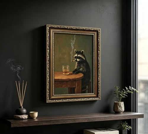 Vintage Gold Framed Smoking Raccoon Wall Art, Moody Dark Funny Animal Whiskey - Image 7