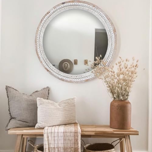 24'' Round Wall Mounted Mirror, Wood Decorative Circle Mirrors, Boho Mirrors - Image 3