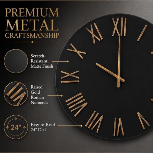 Large Wall Clock 24 Inch, Distressed Gold Roman Numerals - Image 5