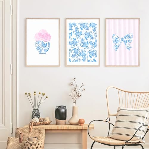 Pink Blue Flower Wall Art Bow Chinoiserie Canvas Wall Art Decor Watercolor - Image 5