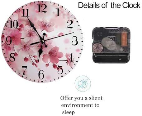 Wall Clock, Watercolor Pink Cherry Blossoms Silent Non Ticking Clock, Modern - Image 5