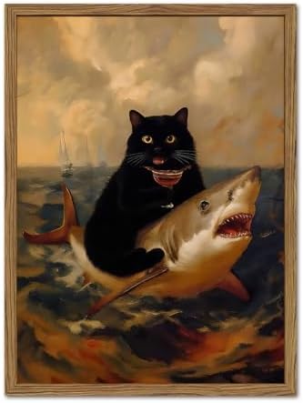 Funny Black Cat Riding Shark Wall Art Whimsical Bar Cart Wall Decor Picture by YYNISPINWallArt
